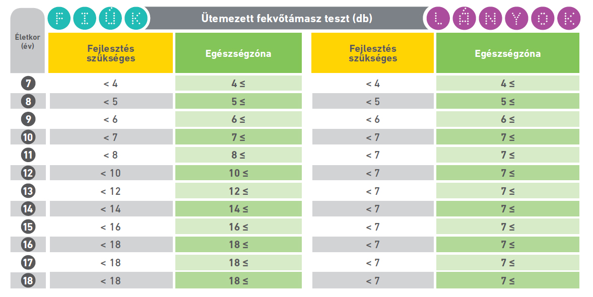 13. táblázat: Az ütemezett fekvőtámasz teszt zónahatárai nemek és életkorcsoportok szerinti bontásban