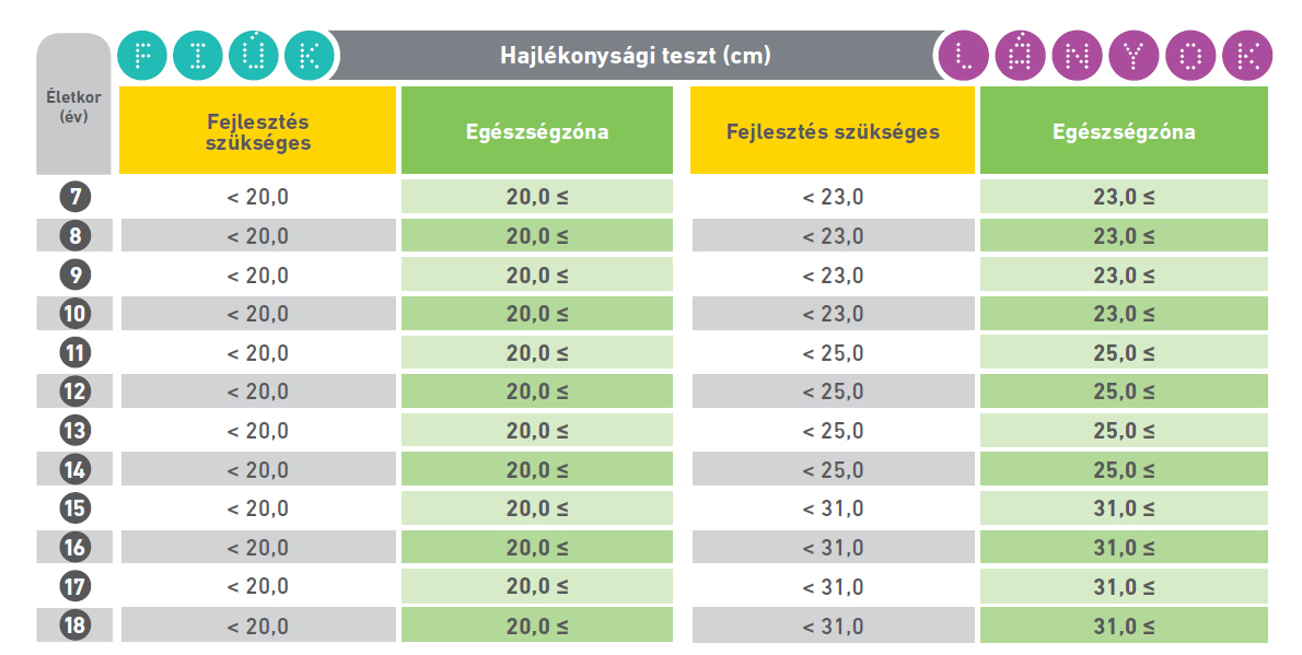 16. táblázat: A hajlékonysági teszt zónahatárai nemek és életkorcsoportok szerinti bontásban