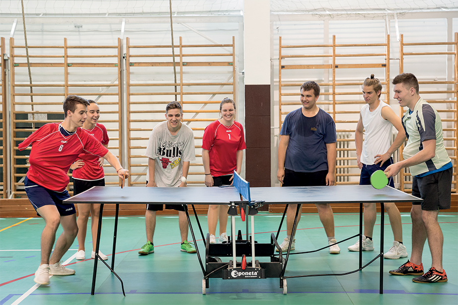 5–10. kép: A Paralimpia projekt keretében megvalósult tevékenységek: csörgőlabda, nem látó társ vezetése, pingpong ülve, „végtaghiányos” pingpong, ülőröplabda, gördeszkás akadálypálya
