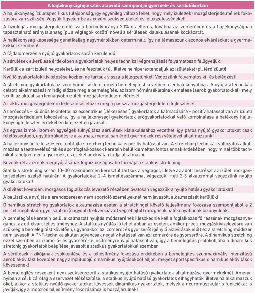 25. táblázat: A hajlékonyságfejlesztés alapvető szempontjai gyermek- és serdülőkorban
